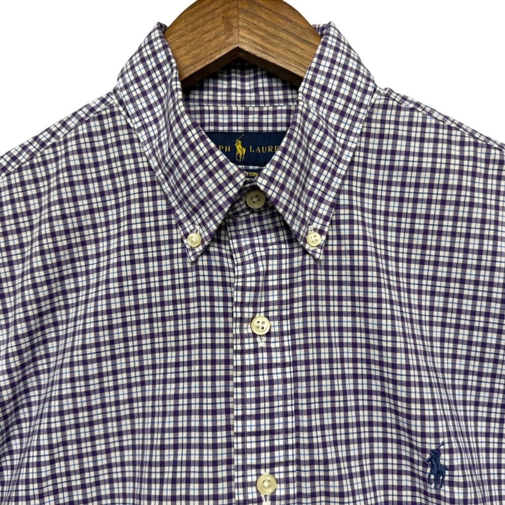 Ralph Lauren‎ Button Down Shirt Mens M Purple Gingham Cotton Stretch Long Sleeve